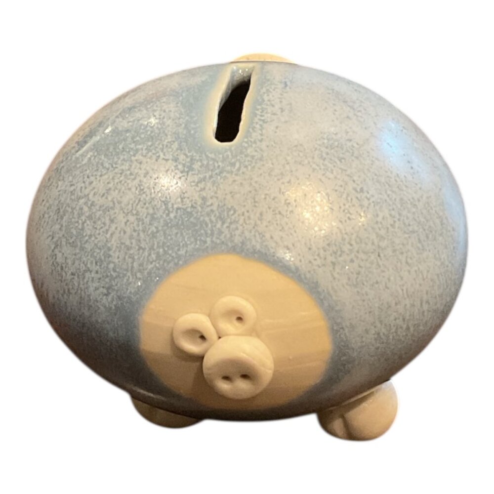 POTTERY Piggy Bank Hand Crafted Very Cute Blue & White 4" wide Round Handmade